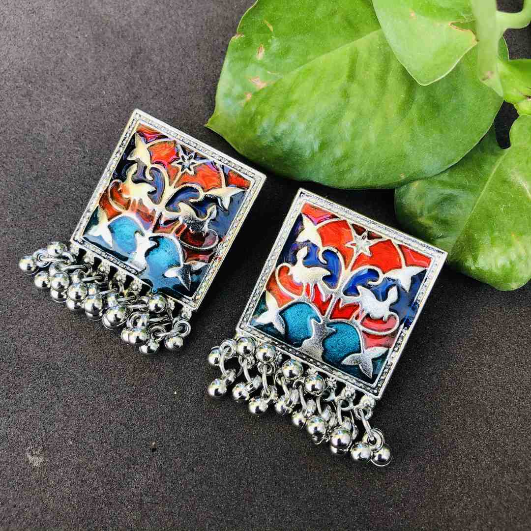 LARQ JEWELS Ethnic German Silver Oxidised Meenakari Moti Design Traditional Stud Earrings for Women And Girls- MULTI