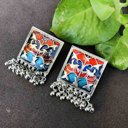 LARQ JEWELS Ethnic German Silver Oxidised Meenakari Moti Design Traditional Stud Earrings for Women And Girls- MULTI