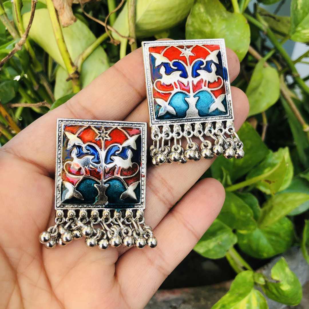 LARQ JEWELS Ethnic German Silver Oxidised Meenakari Moti Design Traditional Stud Earrings for Women And Girls- MULTI