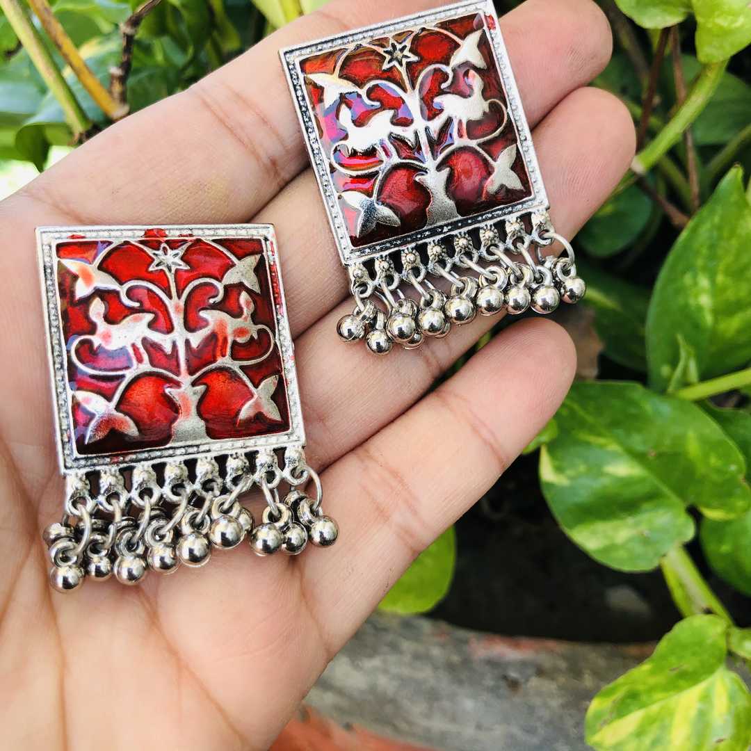 LARQ JEWELS Ethnic German Silver Oxidised Meenakari Moti Design Traditional Stud Earrings for Women And Girls- RED