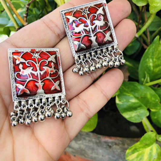 LARQ JEWELS Ethnic German Silver Oxidised Meenakari Moti Design Traditional Stud Earrings for Women And Girls- RED