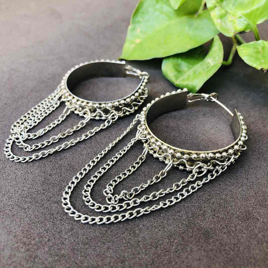 LARQ JEWELS Oxidized Silver Plated Designer Chain mail hoop Stud Earrings
