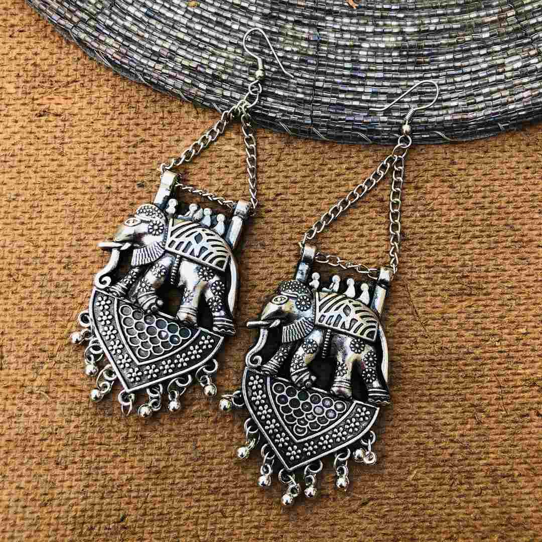 LARQ JEWELS Oxidised Silver Jhumki Elephant Shaped Earrings for Girls and Women