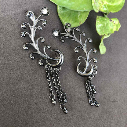 LARQ JEWELS Antique Oxidised Silver-Toned Floral Pattern Trendy Clip-On Ear Cuff For Women And Girls-black