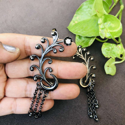 LARQ JEWELS Antique Oxidised Silver-Toned Floral Pattern Trendy Clip-On Ear Cuff For Women And Girls-black