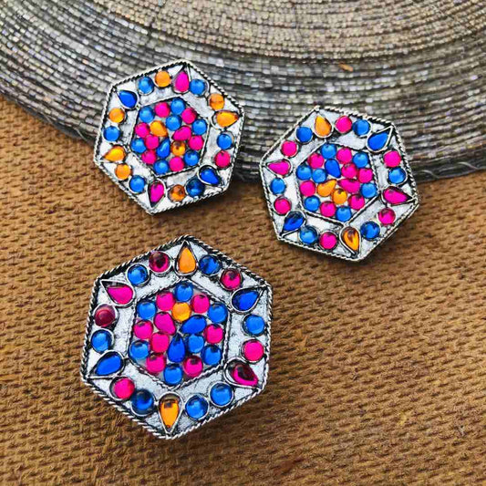 LARQ JEWELS German Oxidized Silver Combo Artistic Crafted Traditional Stud Earrings with Ring for Women &amp; Girl