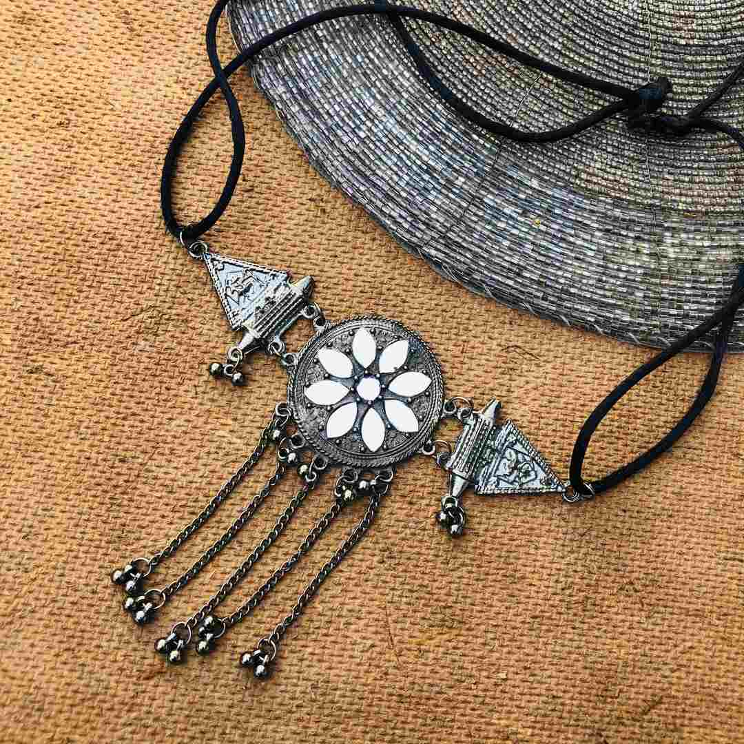 LARQ JEWELS Black Oxidised Mirror Work Choker Necklace