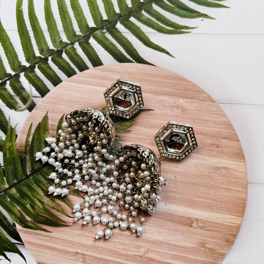 Afgani German Silver Oxidized Hexagon Crystal Jhumki Earrings