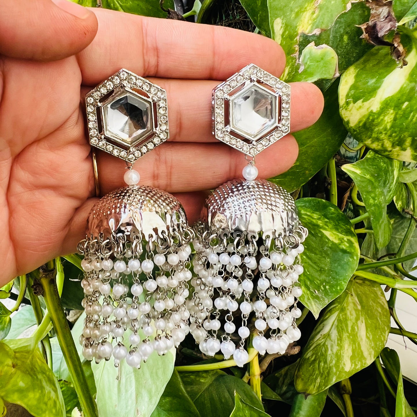 Afgani German Silver Oxidized Hexagon Crystal Jhumki Earrings