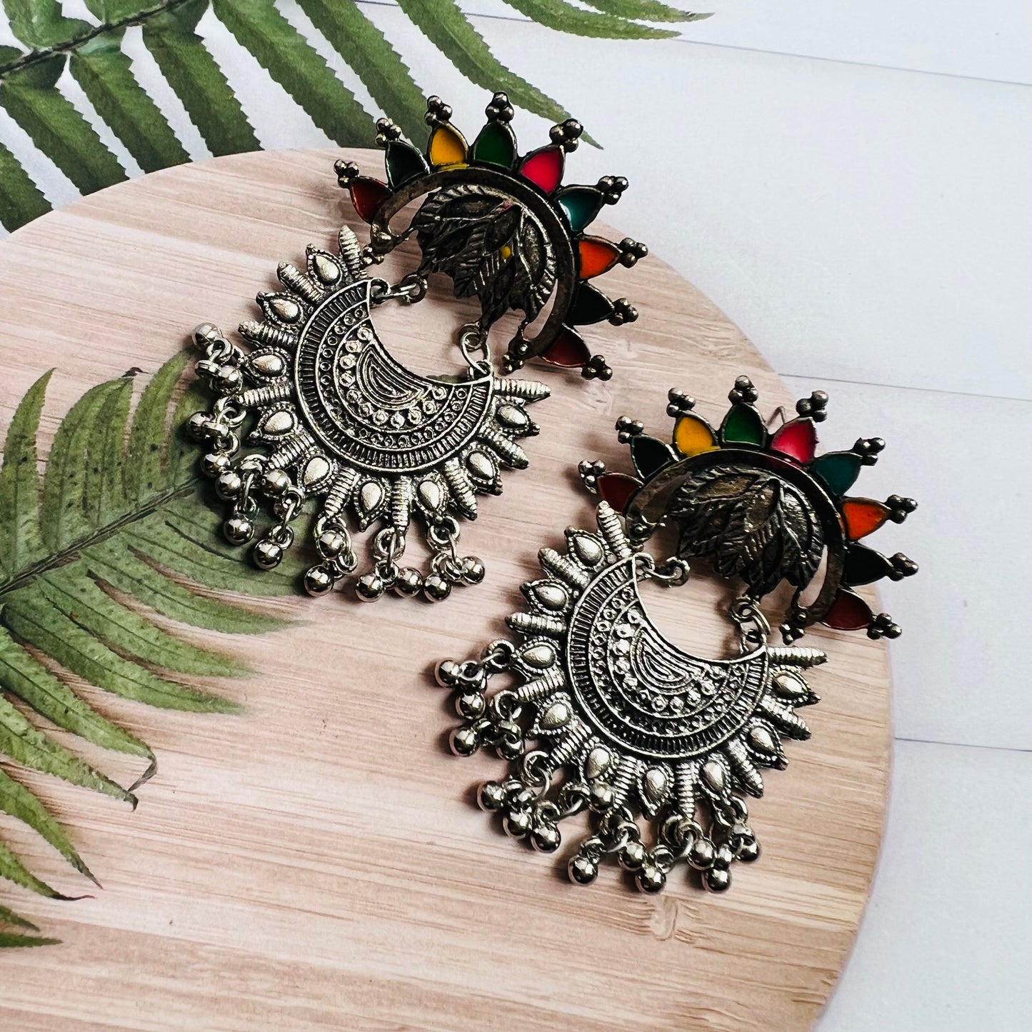 Afgani German Silver Oxidized Colorful Jhumki Earrings