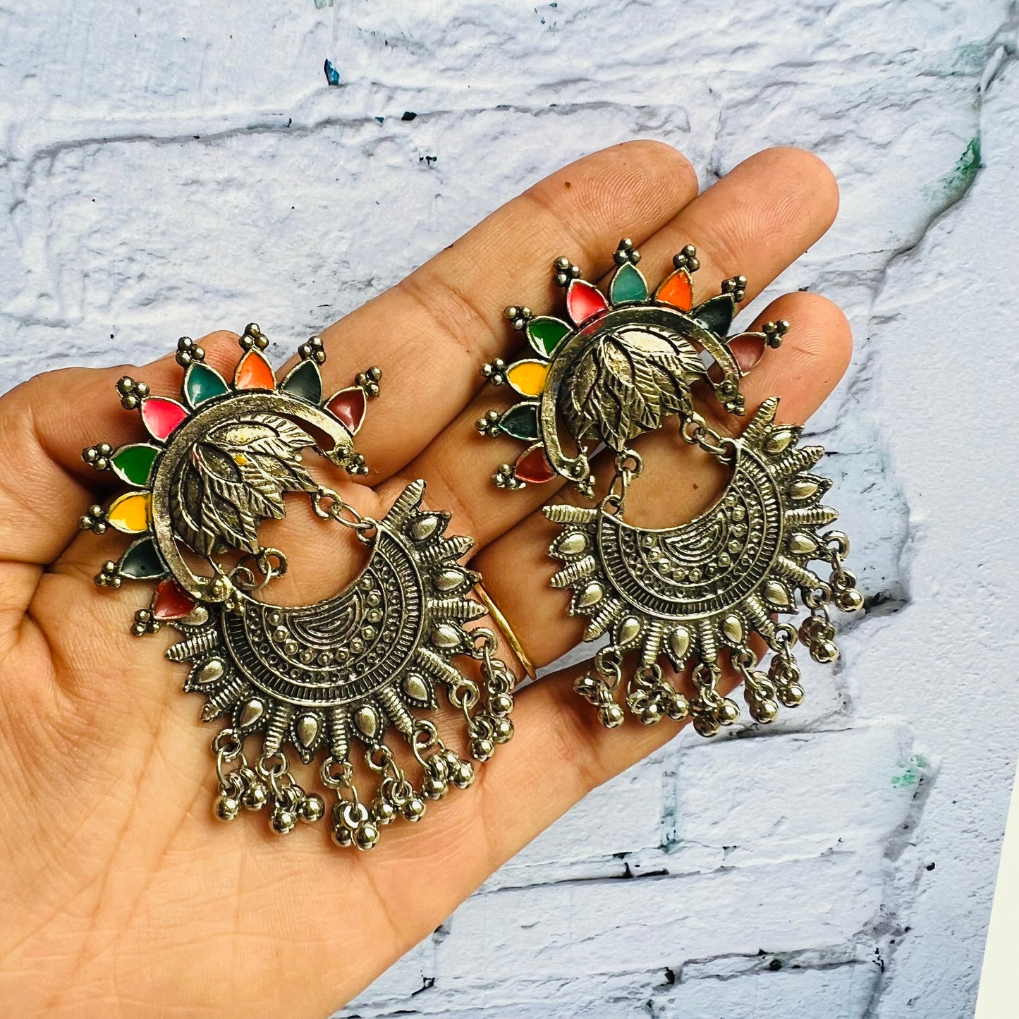 Afgani German Silver Oxidized Colorful Jhumki Earrings