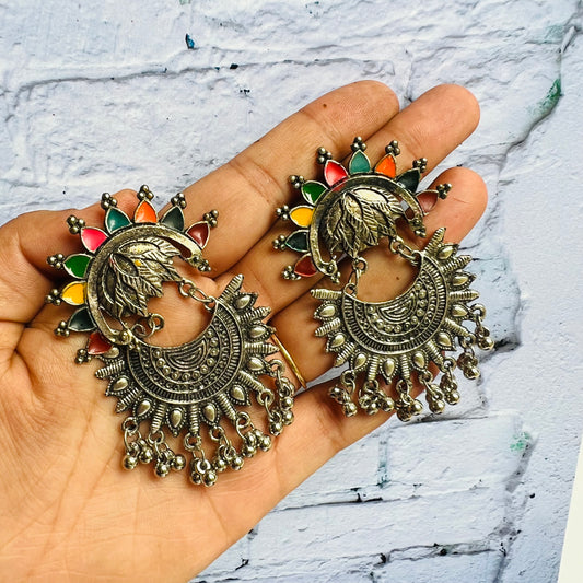 Afgani German Silver Oxidized Colorful Jhumki Earrings