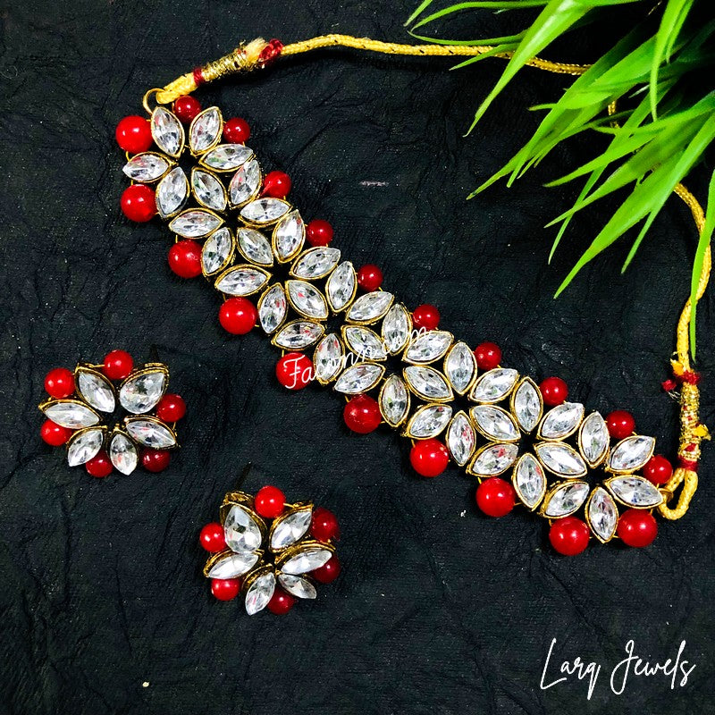 LARQ JEWELS Choker Kundan Traditional Necklace Set -Red