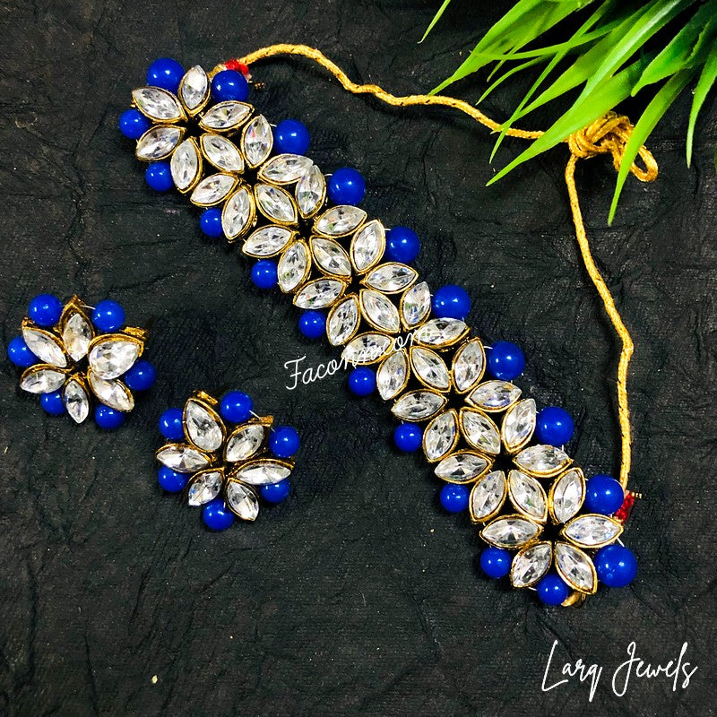 LARQ JEWELS Choker Kundan Traditional Necklace Set -Royal Blue