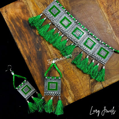 LARQ JEWELS Oxidized Multi Thread Choker Necklace - Green