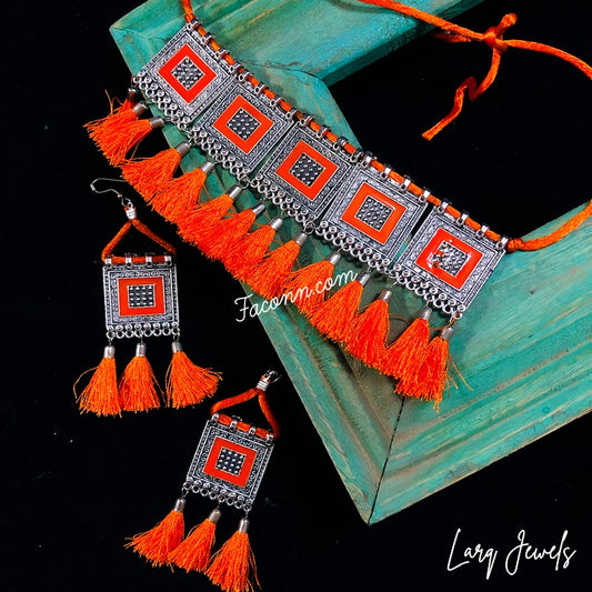 LARQ JEWELS Oxidized JMulti Thread Choker Necklace - Orange