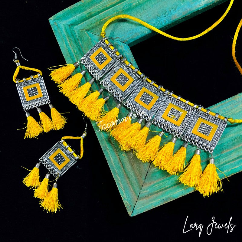 LARQ JEWELS Afghani Style Multi Thread Choker Necklace- Yellow
