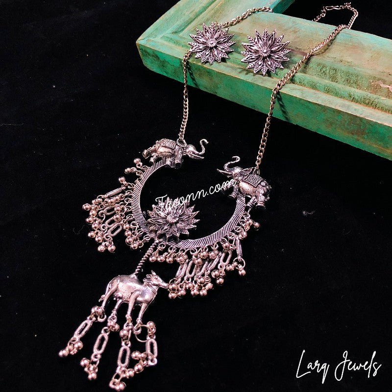 LARQ JEWELS Afghani Style Oxidized Silver Elephant Necklace