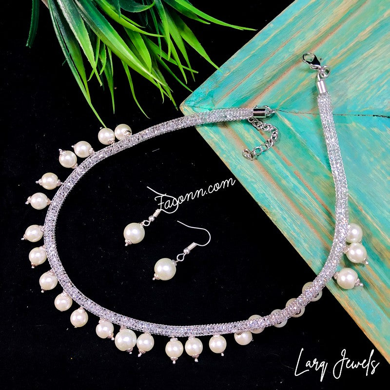 LARQ JEWELS Zircon Style Pearl Beads Necklace Set For Women - Silver