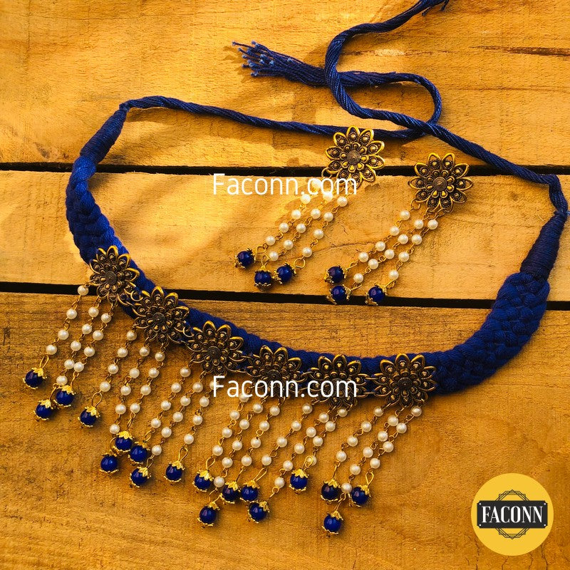 LARQ JEWELS Fabric Kundan Royal Blue with golden flowers Necklace