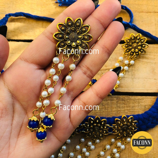 LARQ JEWELS Fabric Kundan Royal Blue with golden flowers Necklace