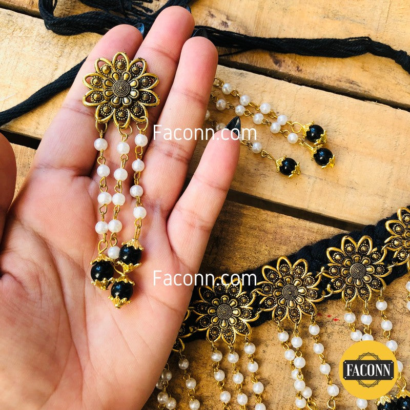 LARQ JEWELS Fabric Kundan Black with golden flowers Necklace