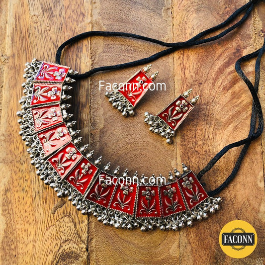 LARQ JEWELS Red Oxidized Traditional Choker Necklace Set