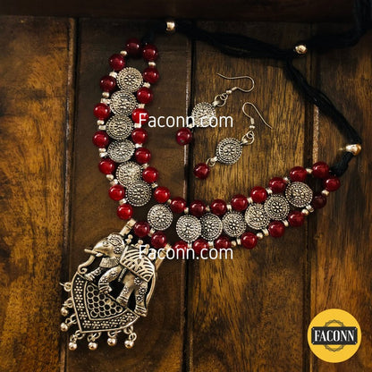 LARQ JEWELS Maroon Silver German Beaded Elephant Necklace Set