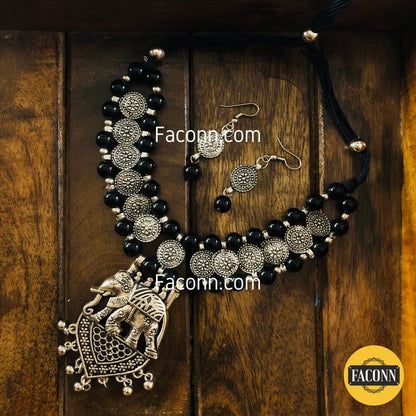 LARQ JEWELS Black German Silver Beaded Elephant Necklace Set