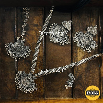 LARQ JEWELS Oxidized Silver tone Rustic Maang Tika Necklace Set