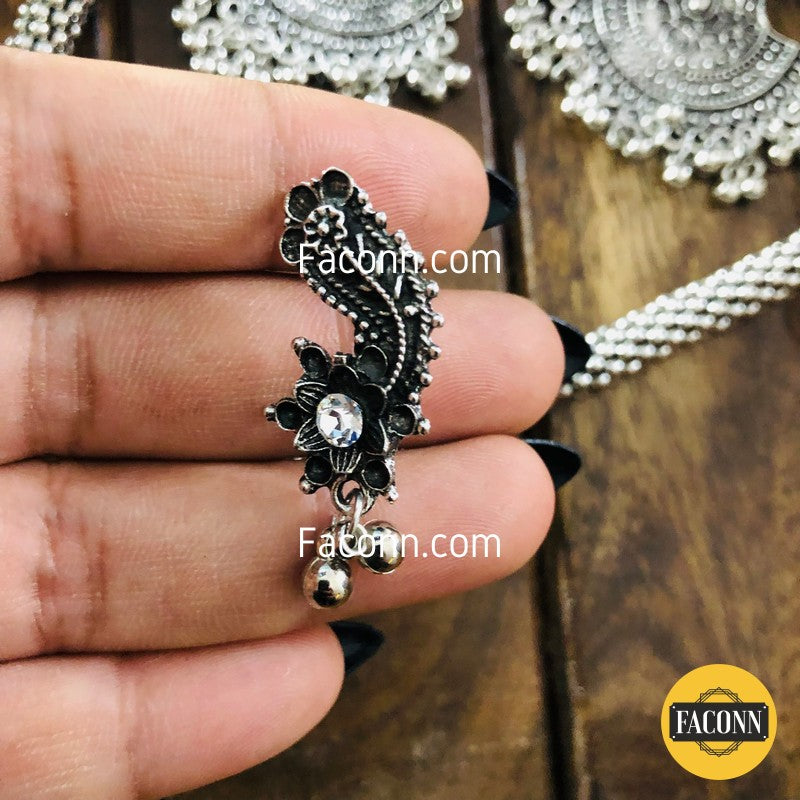 LARQ JEWELS Oxidized Silver tone Rustic Maang Tika Necklace Set