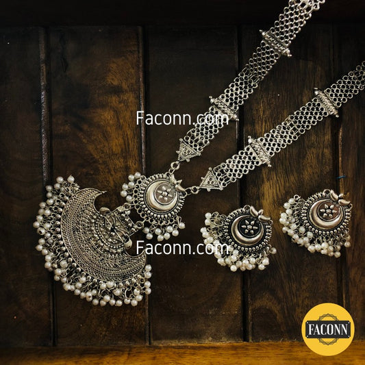 LARQ JEWELS Oxidized Silver Rustic with Chand Earring Necklace Set