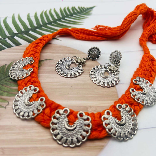 Orange & Silver Woven Statement Necklace Set