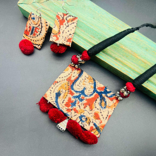 Bohemian Inspired Fabric and Metal Statement Necklace Set