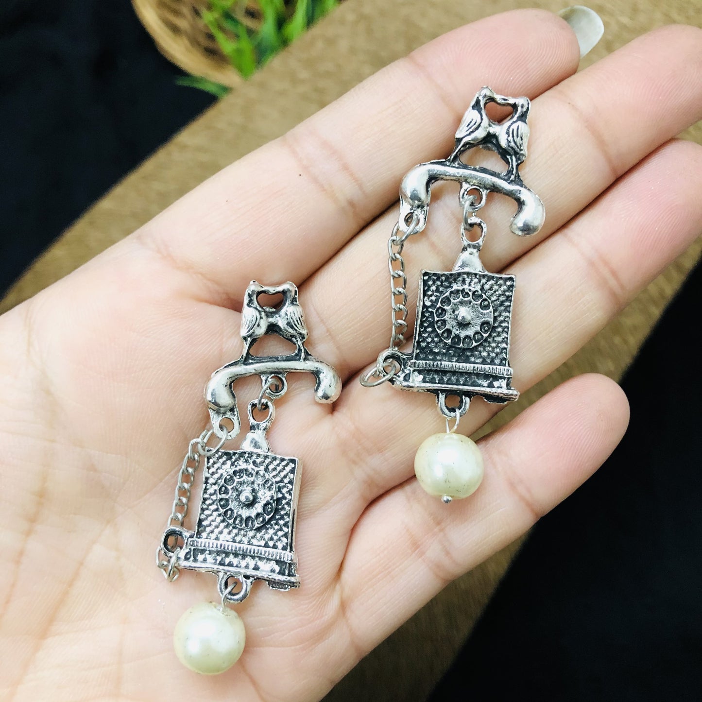 LARQ JEWELS Oxidised Silver Stylish Designer Telephone Dangle Drop Earring for Women