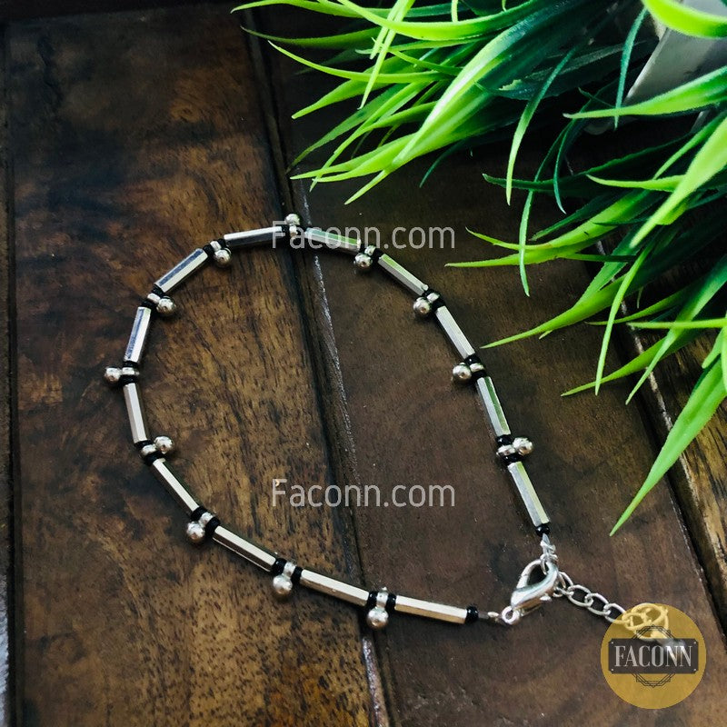 LARQ JEWELS Oxidized Silver Black Beads Anklet (Single) for women and girls