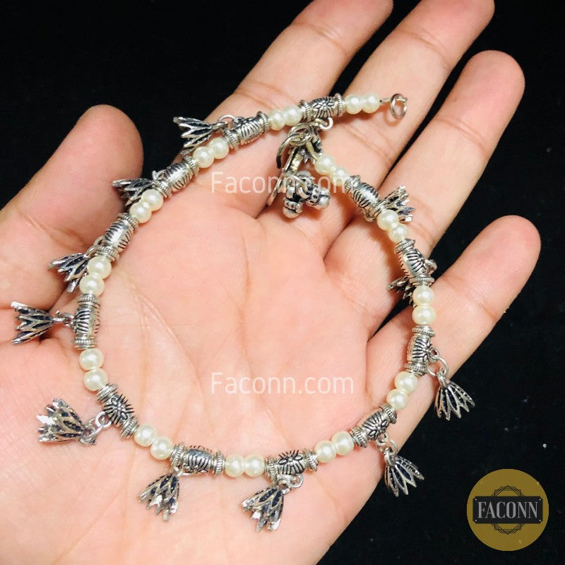 LARQ JEWELS Black Oxidized German Silver Floral Beads Anklet For Women (1 Piece)