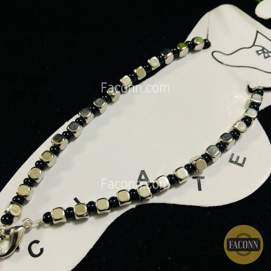 LARQ JEWELS Black Bead Silver Anklet For Girls  Women (1 Piece)