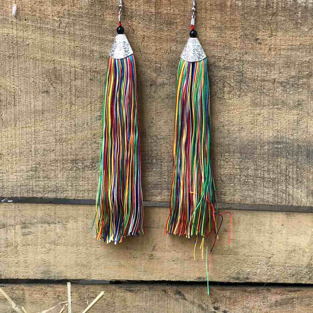 Multi Colourful Pair of long Thread Tassel Earrings For Women