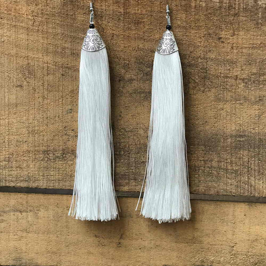 White Colourful Pair of Thread Tassel Earrings For Women