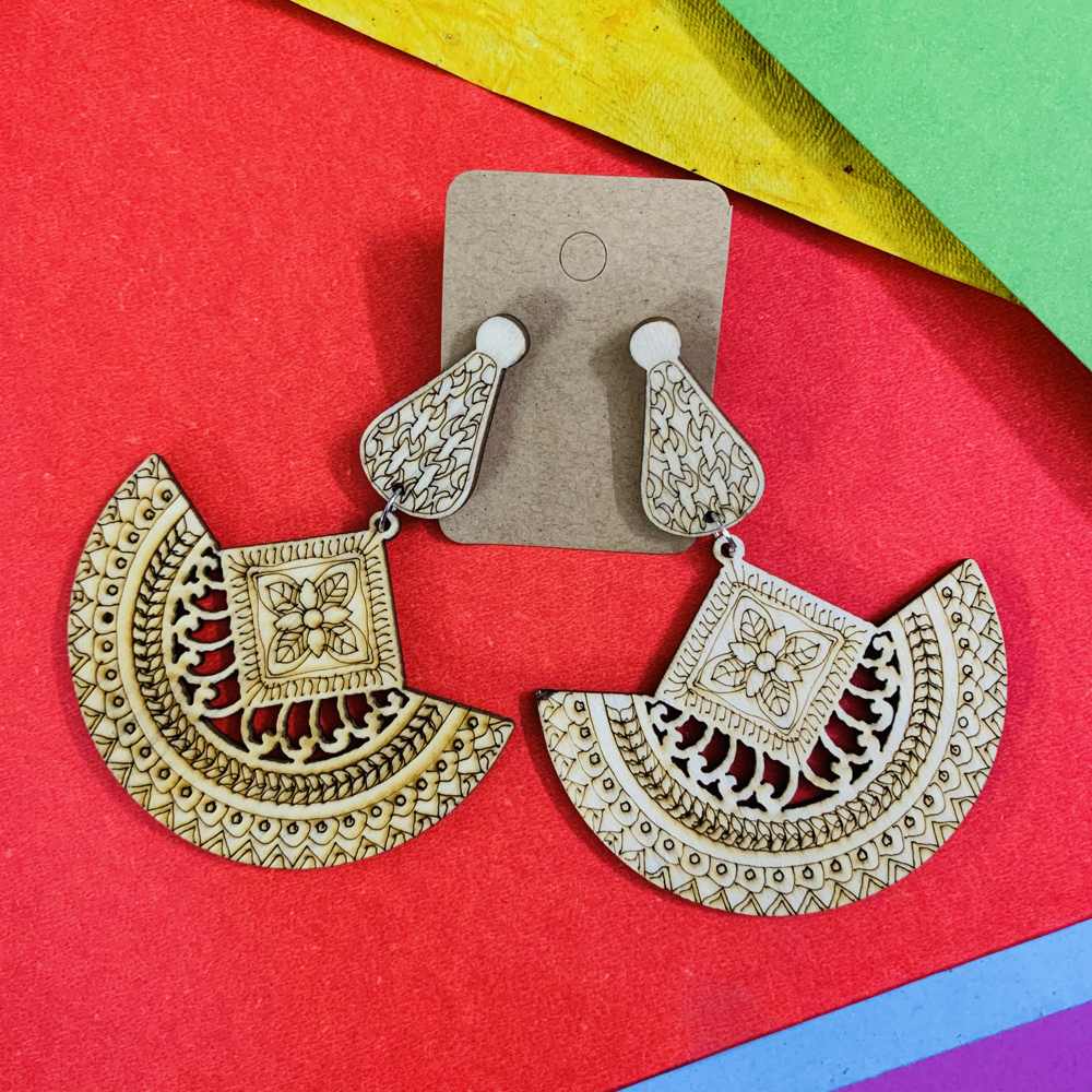 Quirky Traditional Pattern Light Brown Wooden Ultra Light Weight Earrings