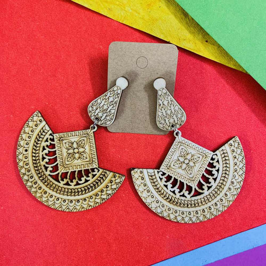 Quirky Traditional Pattern Light Brown Wooden Ultra Light Weight Earrings