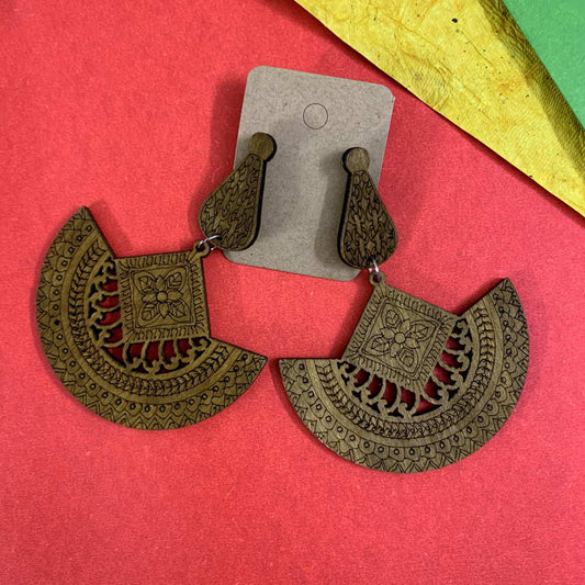 Quirky Traditional Pattern Dark Brown Wooden Ultra Light Weight Earrings
