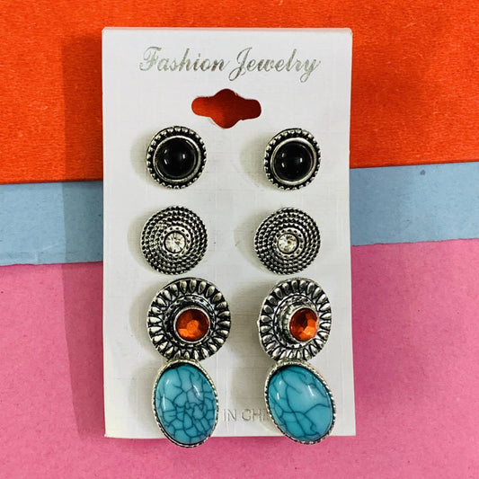 Silver Fashion Designer Collection Oxidized Stud Marble Earrings