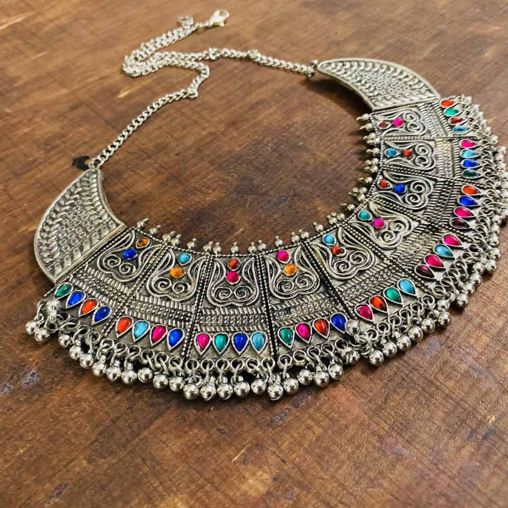 LARQ JEWELS Multi Colored Stone Silver Oxidized Necklace