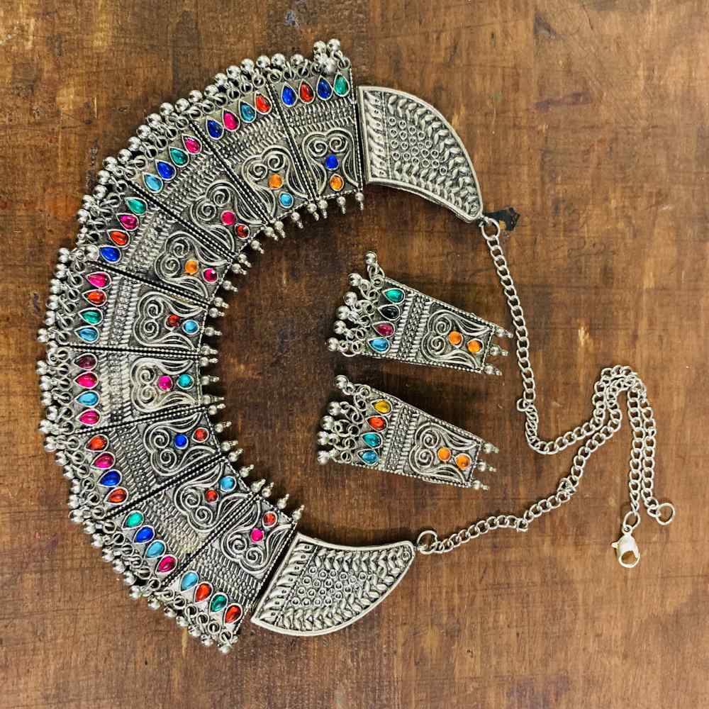 LARQ JEWELS Multi Colored Stone Silver Oxidized Necklace