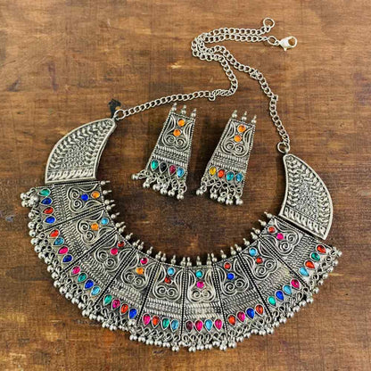 LARQ JEWELS Multi Colored Stone Silver Oxidized Necklace