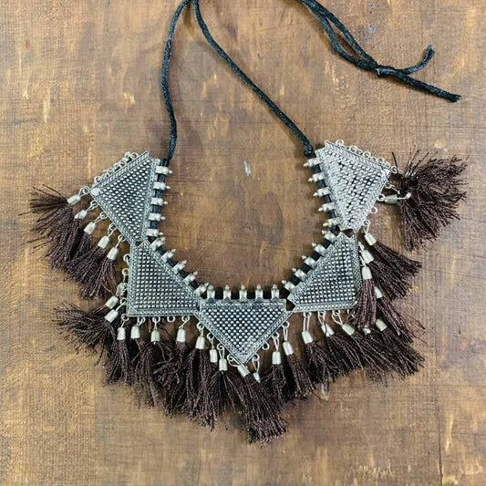 LARQ JEWELS Afghani Silver Triangle Shape Tassel Choker