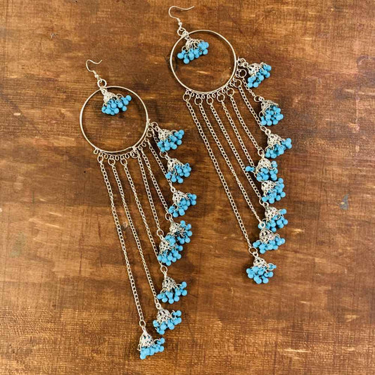 Traditional Silver Oxidised Hoop Multi Layer Chain Blue Jhumki Earrings