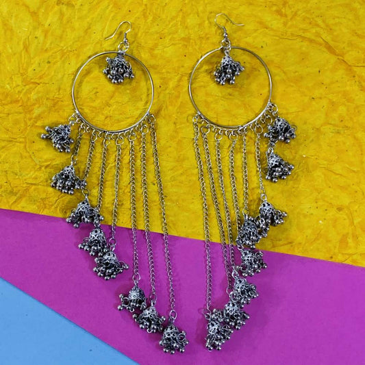 Traditional Silver Oxidised Hoop Multi Layer Chain Jhumki Earrings